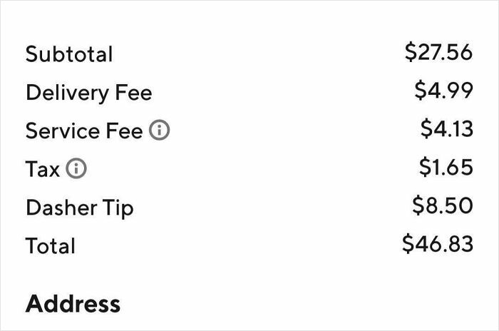 Order receipt showing subtotal, delivery fee, service fee, tax, and tip highlighting ridiculous fees customers face.