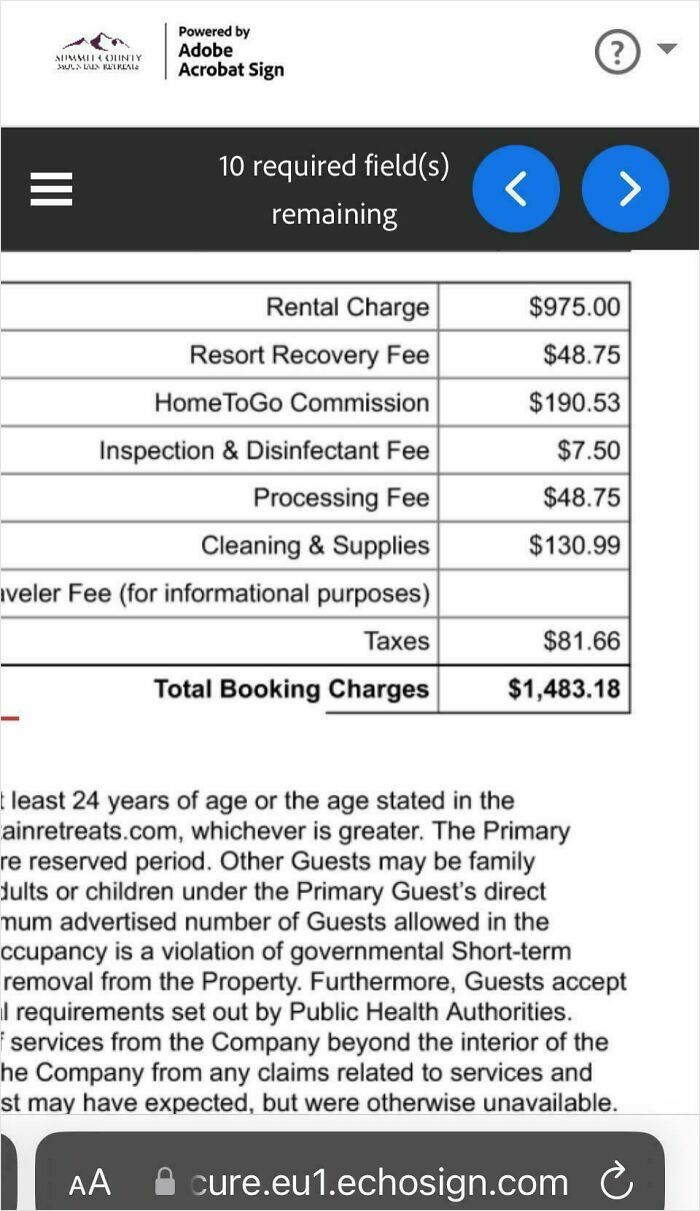Breakdown of rental charges including resort fees, commissions, cleaning, taxes, and other ridiculous fees to be mad about.