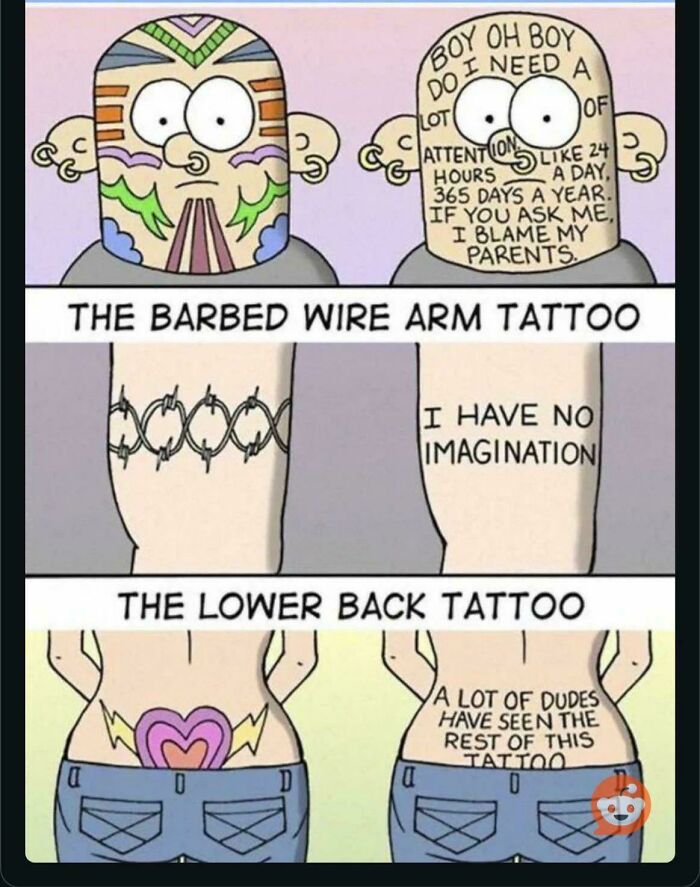 Cartoon showing cringy tattoos with humorous captions, reflecting boomer internet humor and cringe jokes.