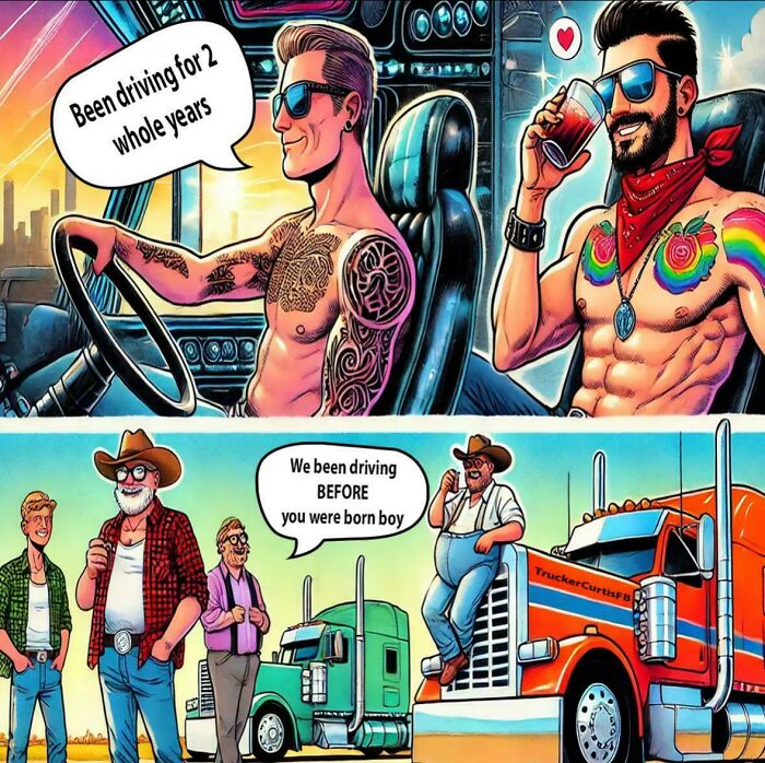 Two tattooed men driving and two trucker boomers debating driving experience in a humorous boomer and internet joke.