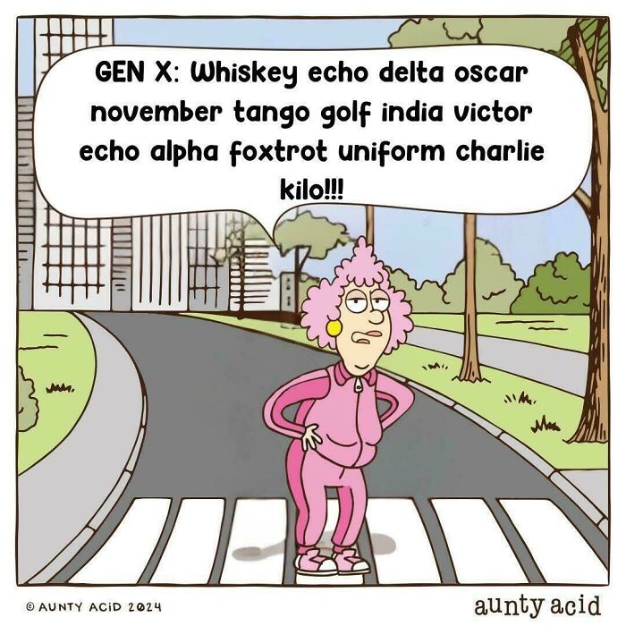 Cartoon showing a boomer using the NATO alphabet humorously, highlighting cringy jokes about boomers and the internet.