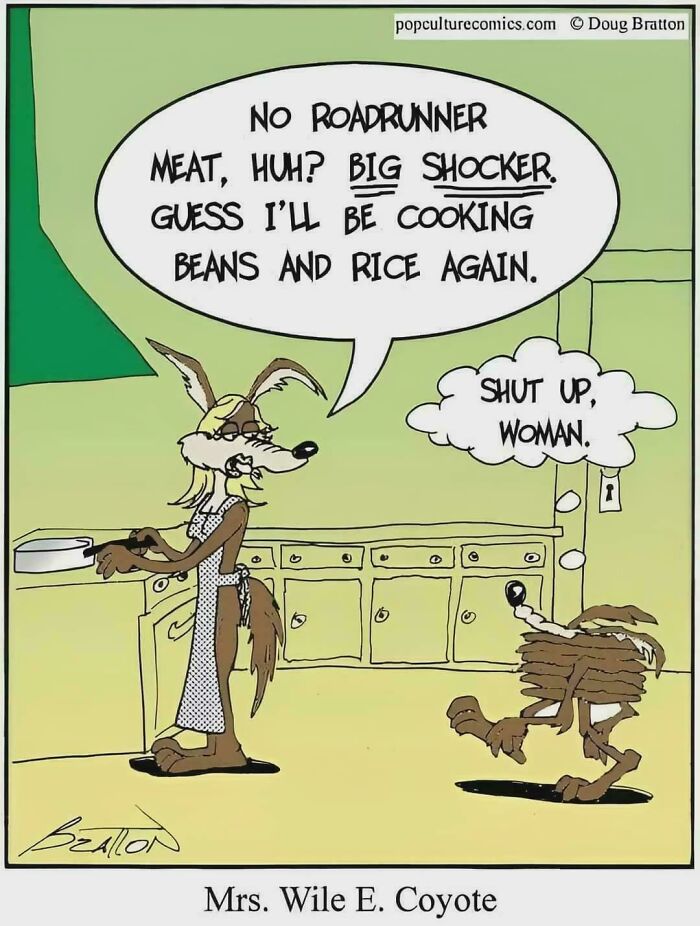 Cartoon of Mrs. Wile E. Coyote in kitchen with Roadrunner, featuring cringy jokes about cooking and internet humor.
