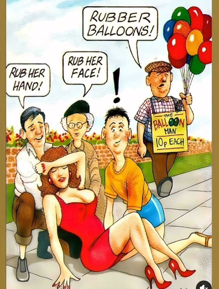 Cartoon showing cringy jokes with a balloon man and people making awkward comments in a humorous scene.