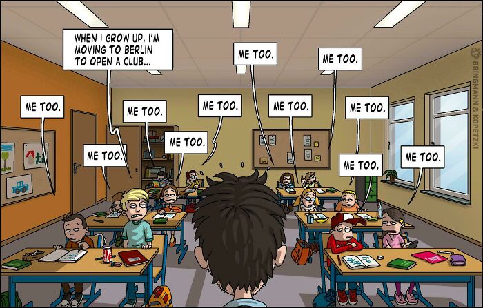 Classroom cartoon with a student imagining moving to Berlin while others repeatedly say me too, illustrating cringy jokes.