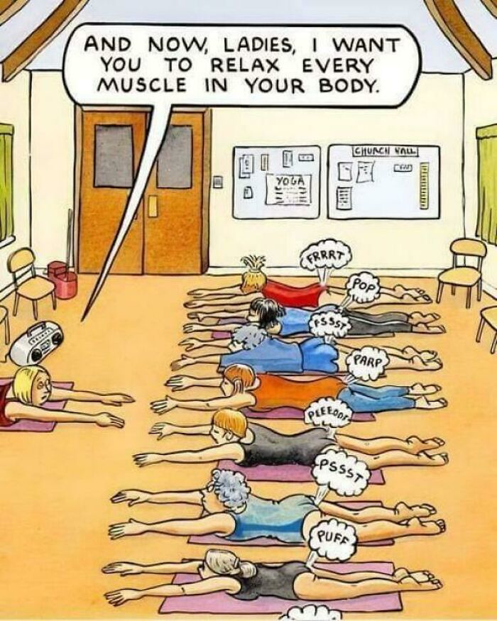 Cartoon of women in a yoga class with funny fart sounds, highlighting cringy jokes about boomers and the internet.