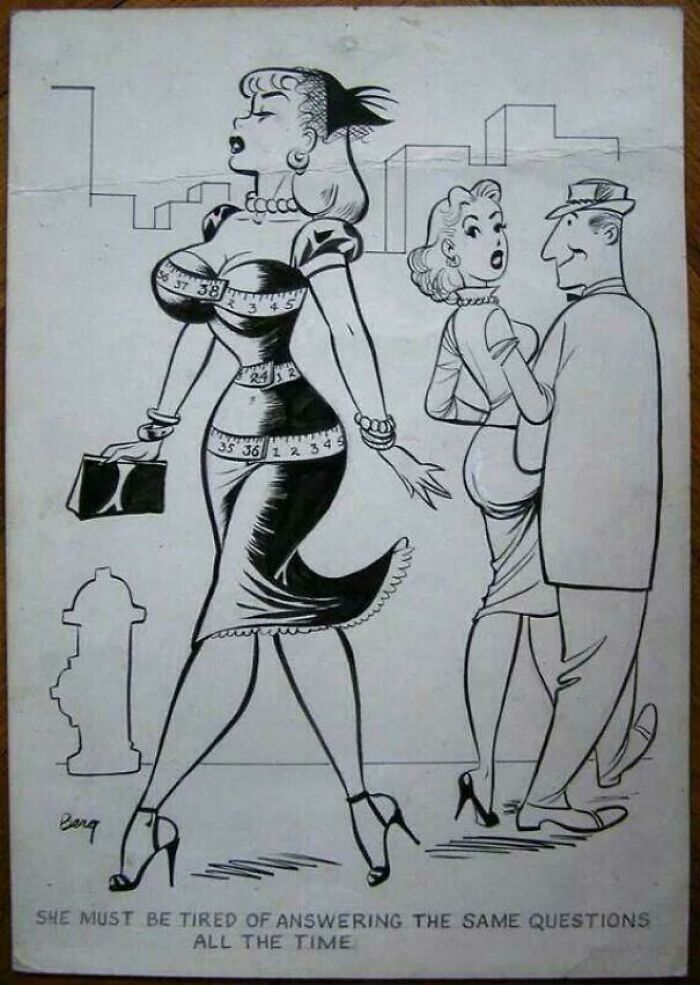 Cartoon showing a woman with measuring tape on her body and caption about cringy jokes related to boomers and the internet.
