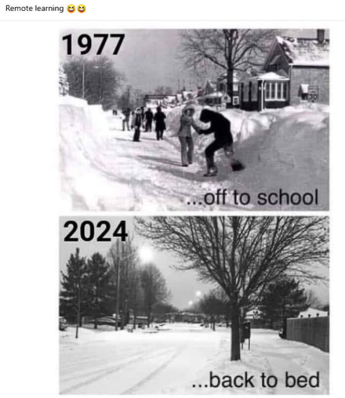 1977 vs 2024 winter scenes showing boomer humor about harsh school commutes and modern internet lifestyles.