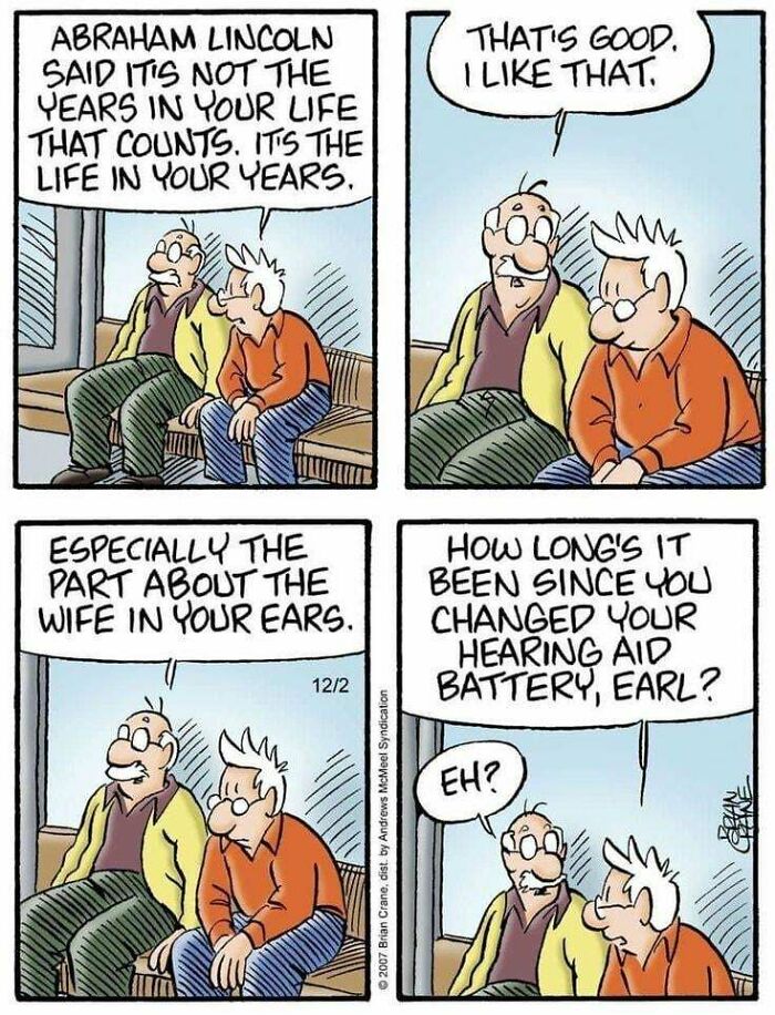 Cartoon of two elderly men sharing cringy jokes about hearing aids, highlighting boomer humor clashing with internet culture.