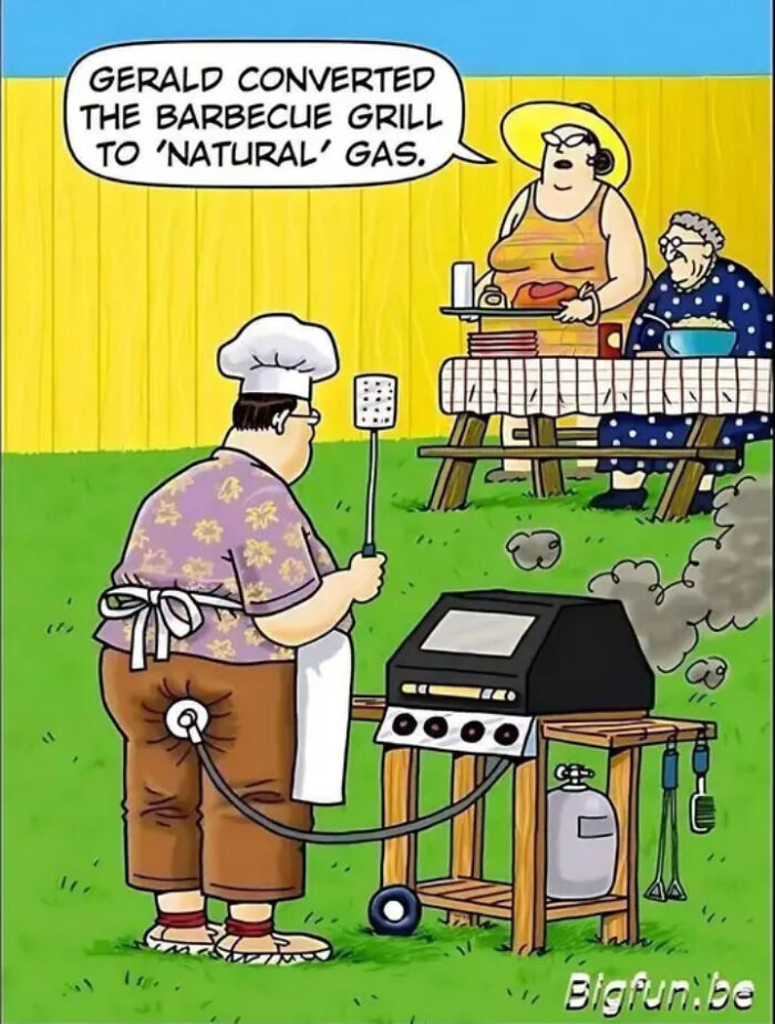 Cartoon of a man barbecuing with natural gas and a hose connected to his pants, illustrating cringy boomer jokes online.