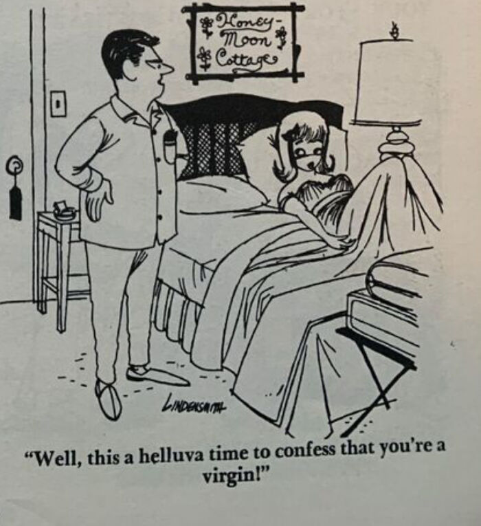 Cartoon showing cringy jokes about boomers in a bedroom scene with a man speaking to a woman in bed.