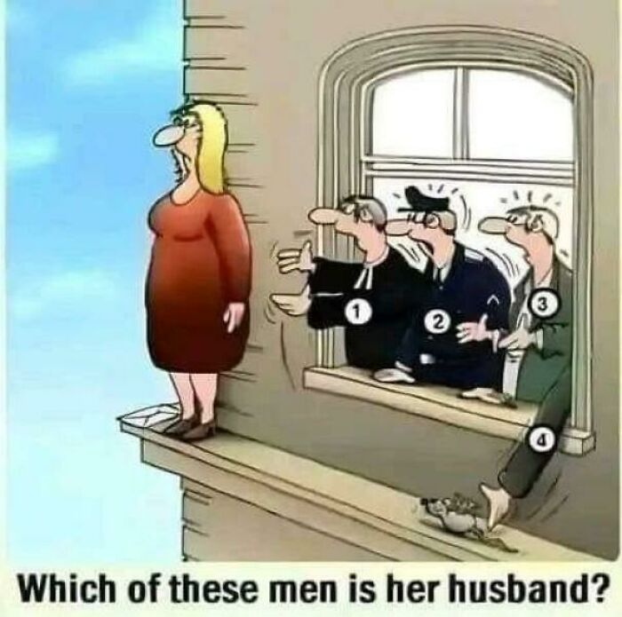 Cartoon showing cringy joke with labeled men reaching for a woman standing on a narrow ledge outside a window.