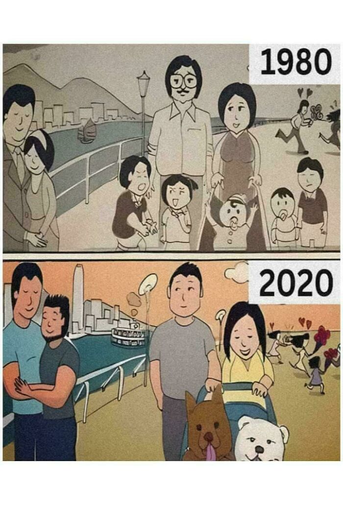 Comparison cartoon of families in 1980 and 2020 by the water, illustrating cringy boomer and internet humor posts.