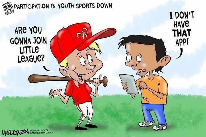 Cartoon showing cringy jokes about boomers and internet with kids discussing little league and apps on a phone.