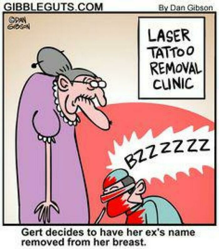 Cartoon of a boomer woman at a laser tattoo removal clinic removing ex's name, illustrating cringy jokes about boomers online.