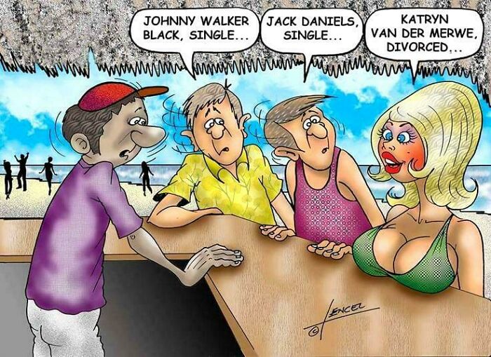 Cartoon showing cringy jokes at a bar with characters listing names and relationship statuses, highlighting boomer humor.