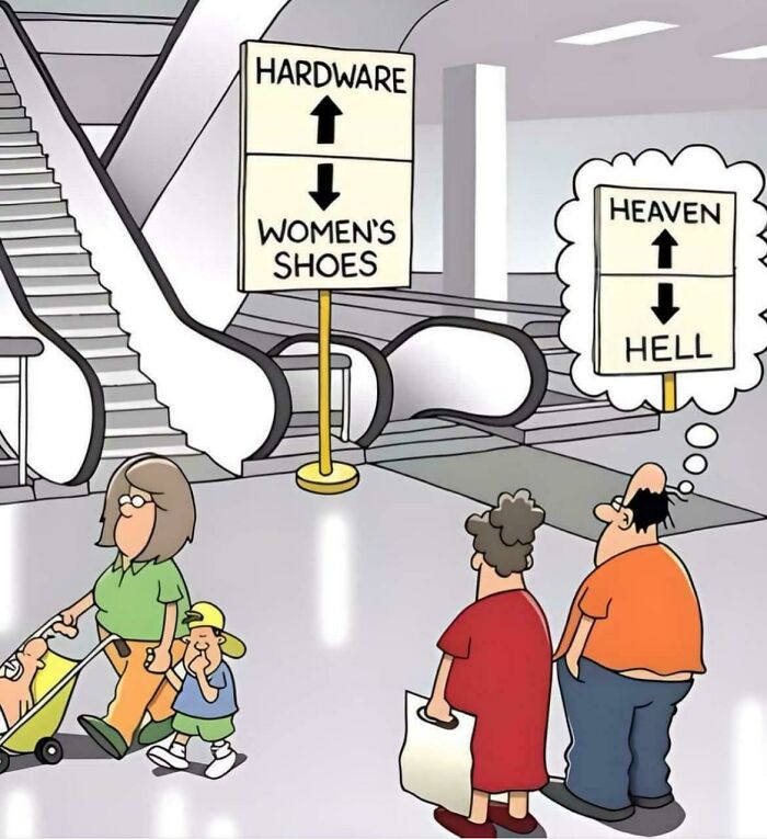 Cartoon showing a confused couple near escalators with signs, highlighting cringy jokes about boomers and the internet.