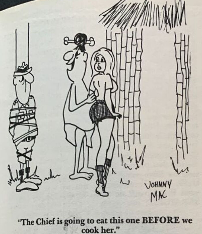 Cartoon showing a caveman holding a woman with a tied-up man nearby, highlighting cringy boomer internet humor.