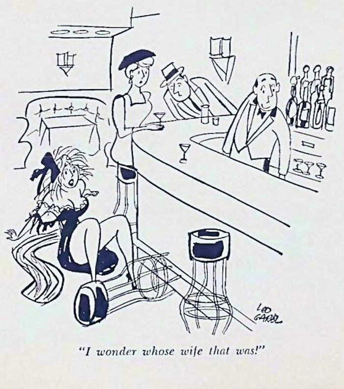 Cartoon showing a cringy joke at a bar with a woman falling and a bartender and patrons reacting, illustrating boomer humor.