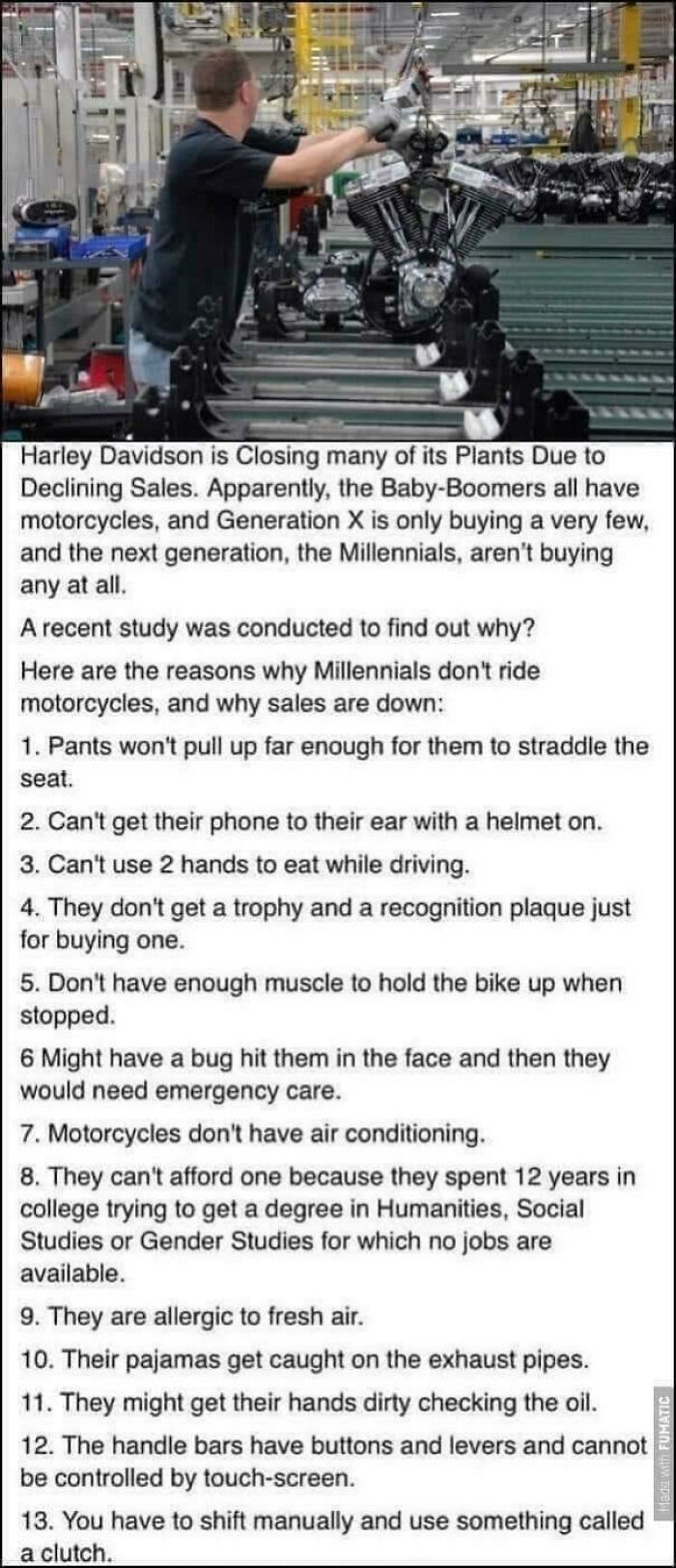 Worker in a factory handling motorcycle engines, illustrating boomer humor and internet cringy jokes about millennials and motorcycles.