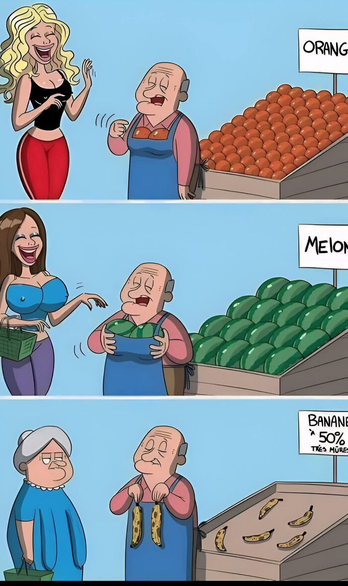 Cartoon showing cringy jokes with an older man and women at a fruit stand, highlighting boomer humor on the internet.