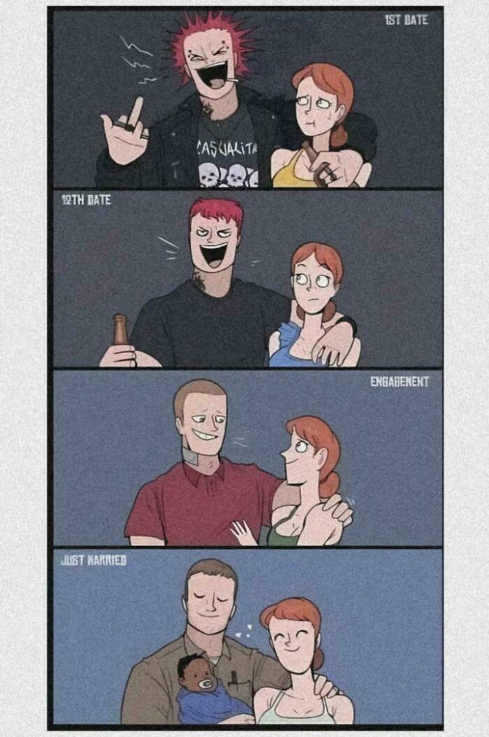 Cartoon showing relationship stages humor with cringy jokes about boomers and internet culture clash.