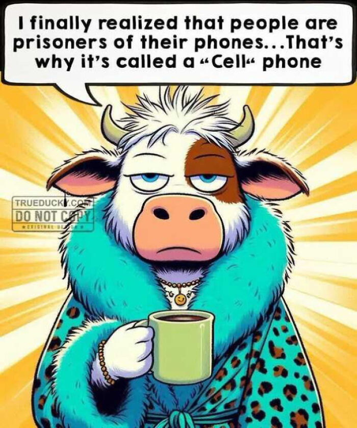 Cartoon cow in a blue robe holding a mug with a cringy joke about cell phones and internet humor targeted at boomers.