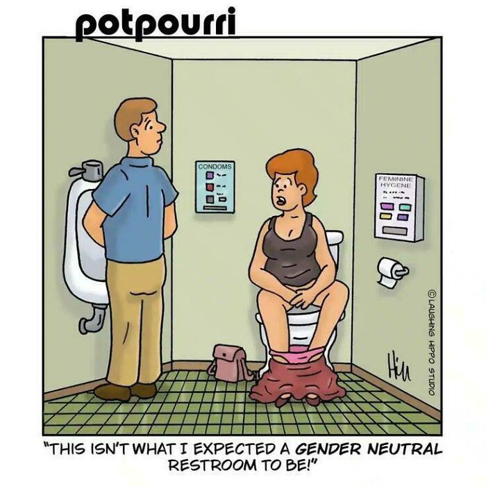 Cartoon showing a man and woman in a restroom with gender neutral signs, highlighting cringy internet humor involving boomers.