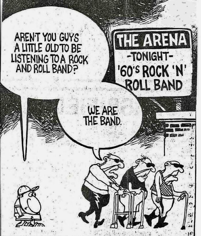 Cartoon of elderly men in sunglasses with walkers saying they are a '60s rock and roll band, showing cringy boomer humor online.