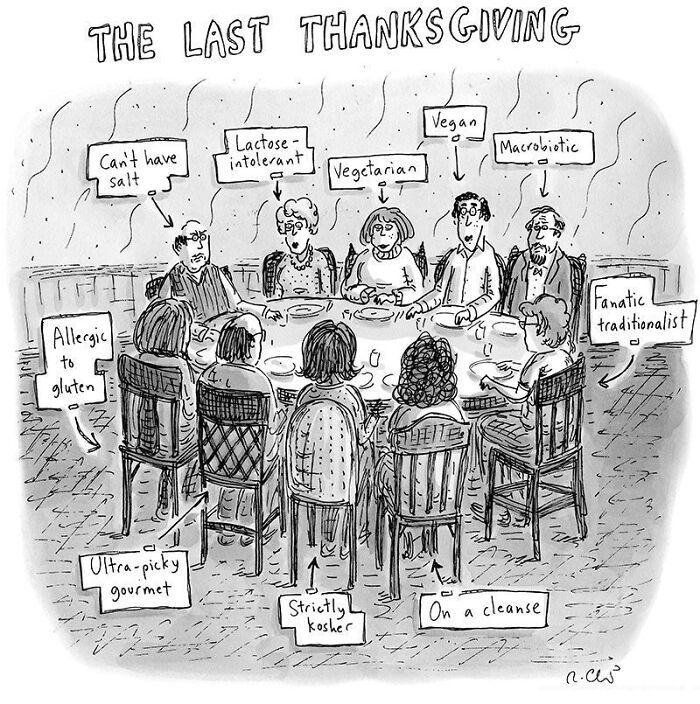 Cartoon showing a dinner table with people labeled by dietary restrictions, illustrating cringy boomer internet humor.