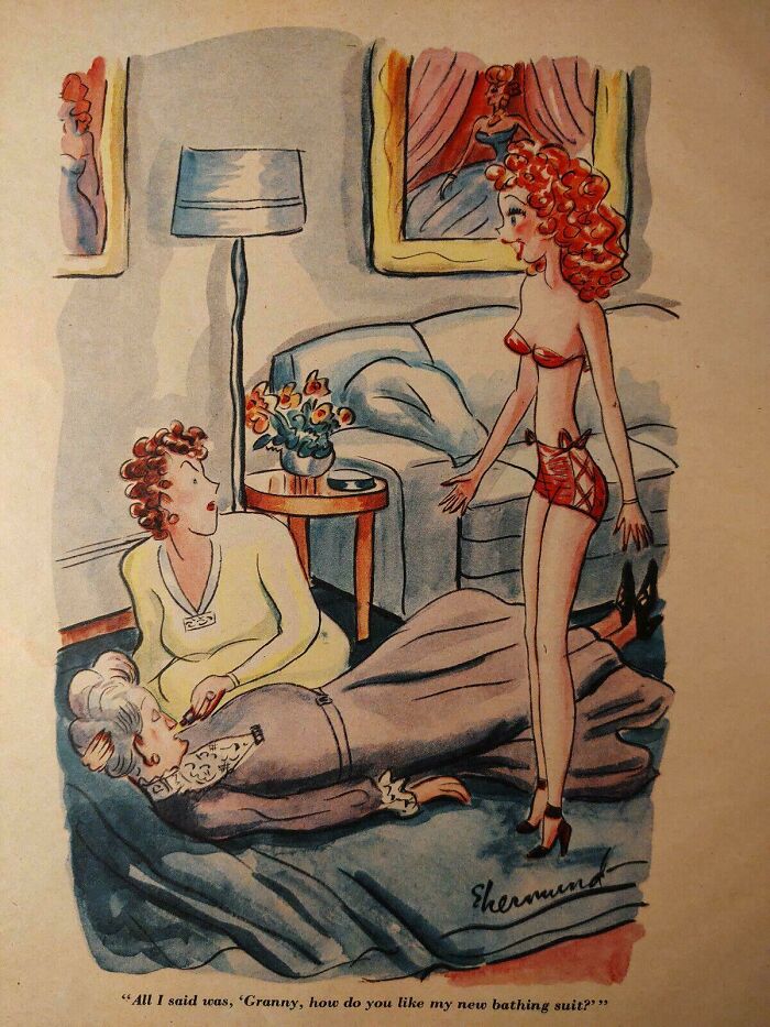 Cartoon of a young woman in a bathing suit showing off to two older women, highlighting cringy jokes and boomer humor.