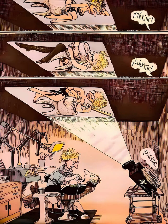 Cartoon showing cringy jokes projected from a retro slide projector as a woman glares at a man in a dental chair.