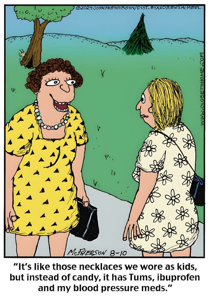 Cartoon of two women talking about necklaces made of Tums, ibuprofen, and blood pressure meds reflecting cringy boomer internet jokes.