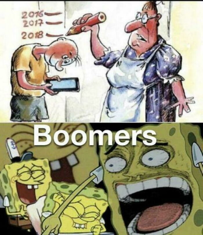 Cartoon showing a person’s head shrinking with years and SpongeBob characters laughing, highlighting boomer internet jokes.