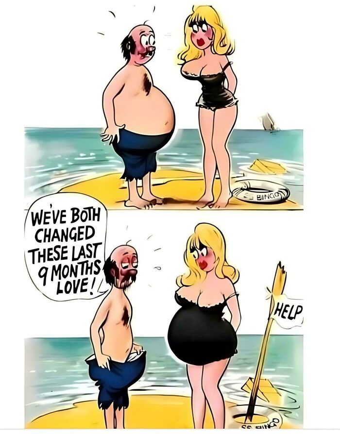 Cartoon showing a boomer man and woman on a deserted island with a humorous take on changes over nine months.