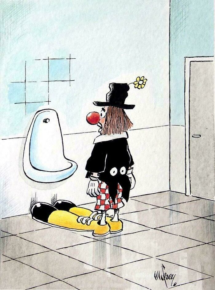 Clown standing at a urinal with oversized shoes spilling onto the bathroom floor in a humorous internet joke cartoon.