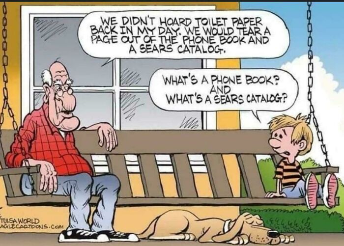 Cartoon showing a boomer and child discussing phone books and Sears catalogs, highlighting cringy boomer internet jokes.