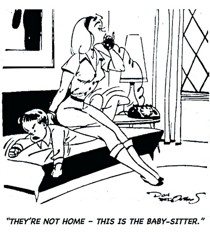 Black and white comic of a woman babysitting a child with the caption about babysitting and boomer humor.