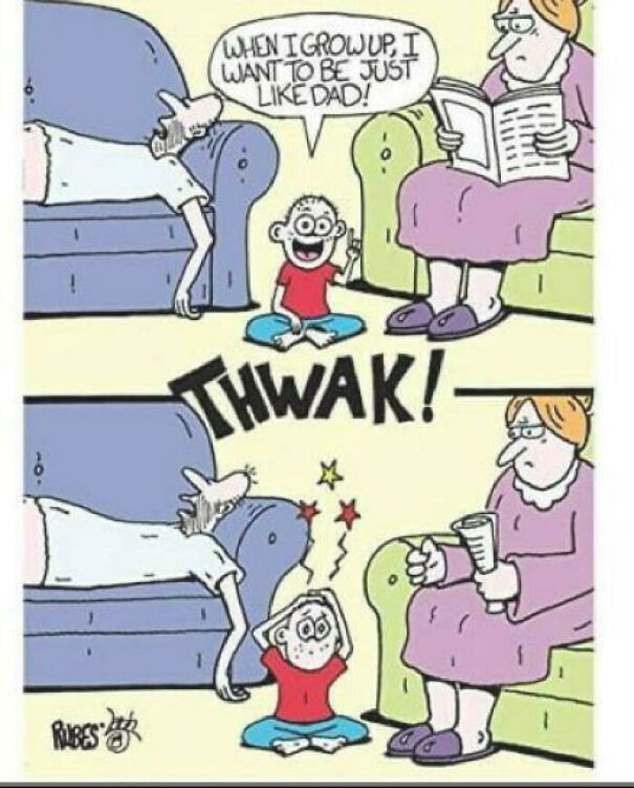 Cartoon showing cringy jokes with a child wanting to be like dad, followed by a humorous comic punchline.