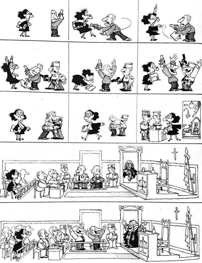 Comic strip depicting a courtroom scenario with characters, highlighting cringy jokes about boomers and the internet clash.