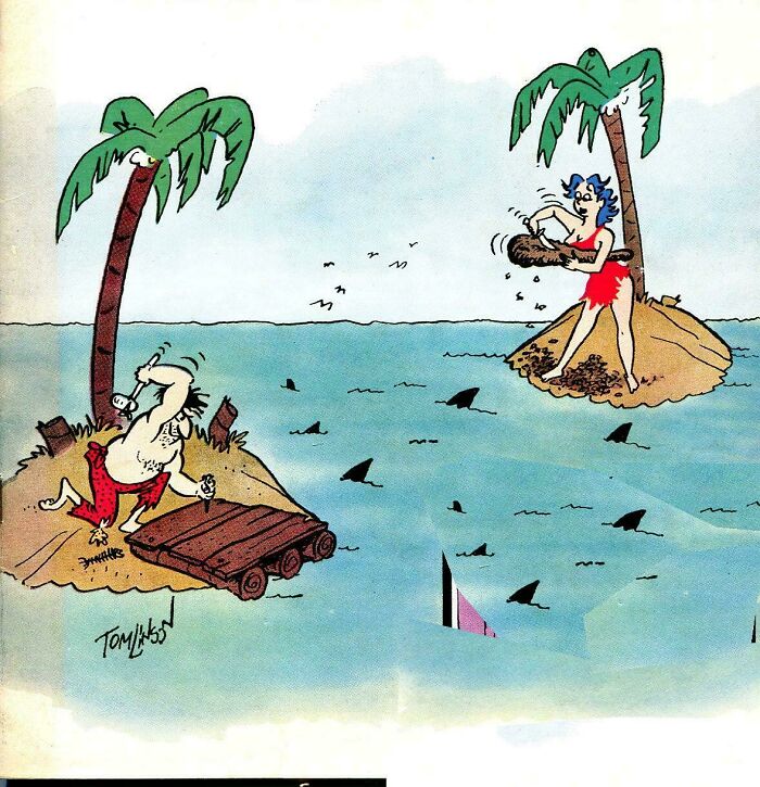 Cartoon of two castaways on separate islands surrounded by sharks, illustrating cringy boomer internet humor.