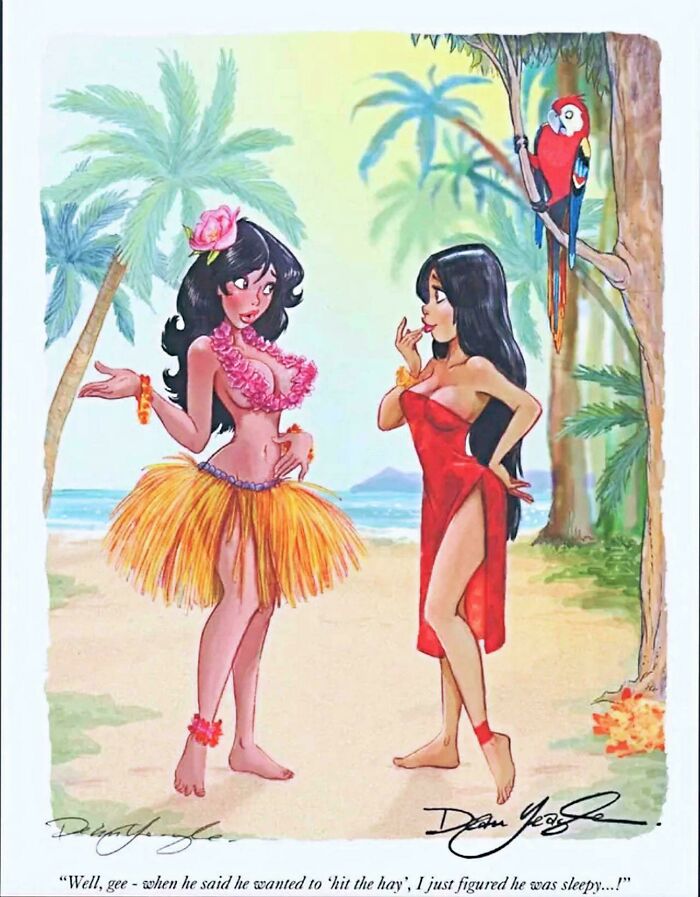 Cartoon of two women at the beach wearing tropical outfits with a parrot perched on a tree, internet humor theme.
