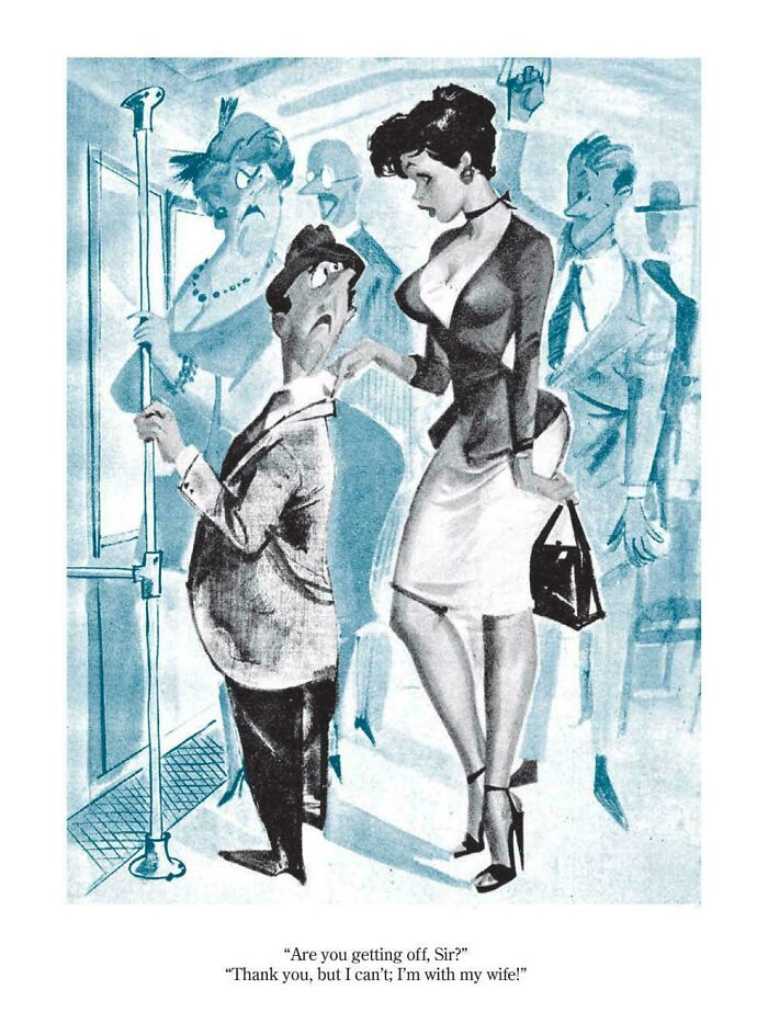 Cartoon showing a man refusing a woman's advance on a bus, highlighting cringy jokes about boomers and the internet.