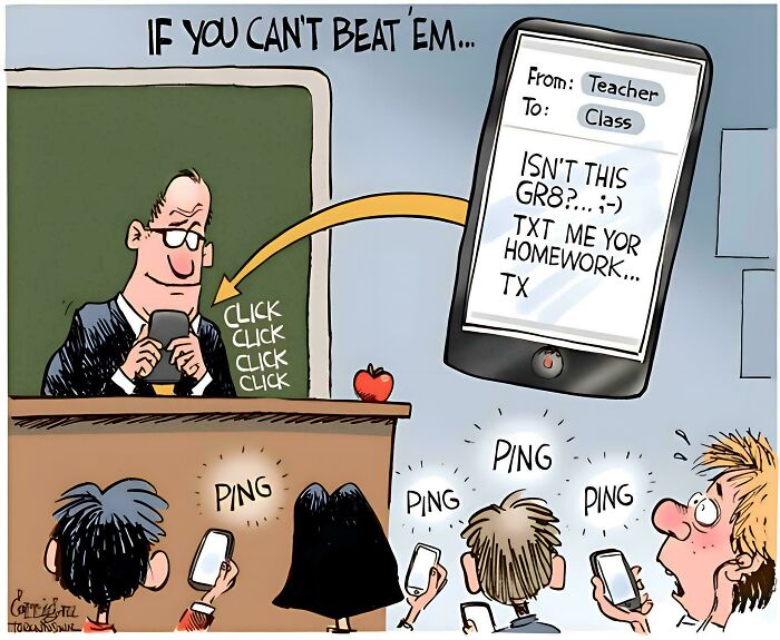 Cartoon showing a teacher texting students homework, highlighting cringy jokes about boomers and the internet clash.