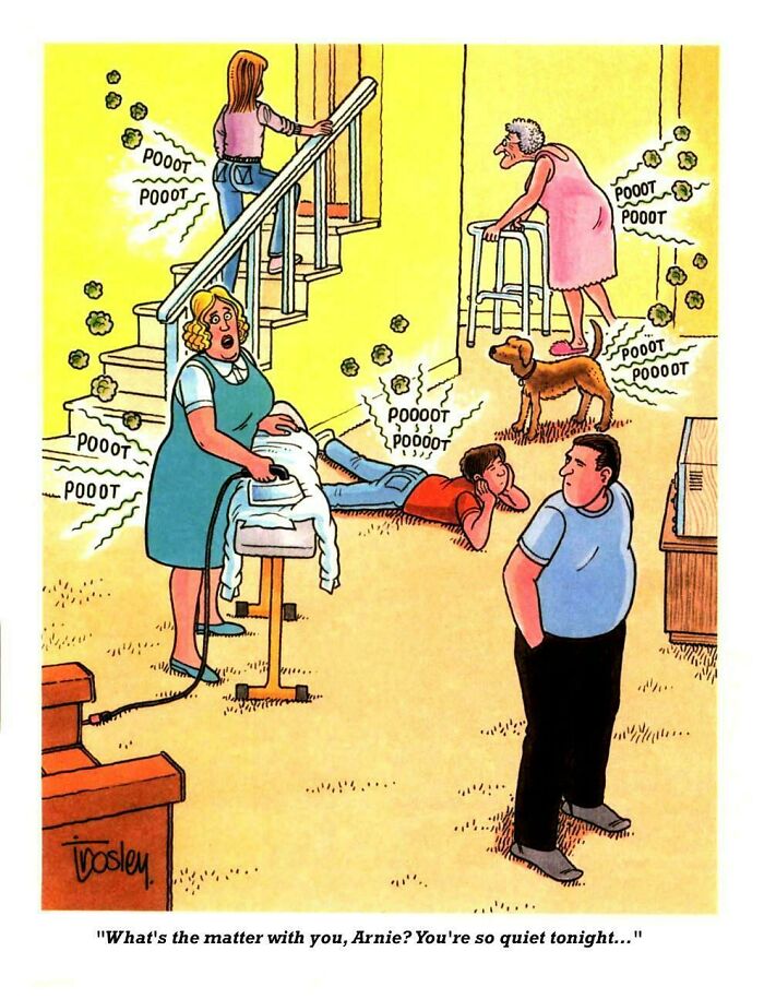 Cartoon showing family humor with boomer generation reacting to fart sounds, illustrating cringy jokes and internet humor clash.