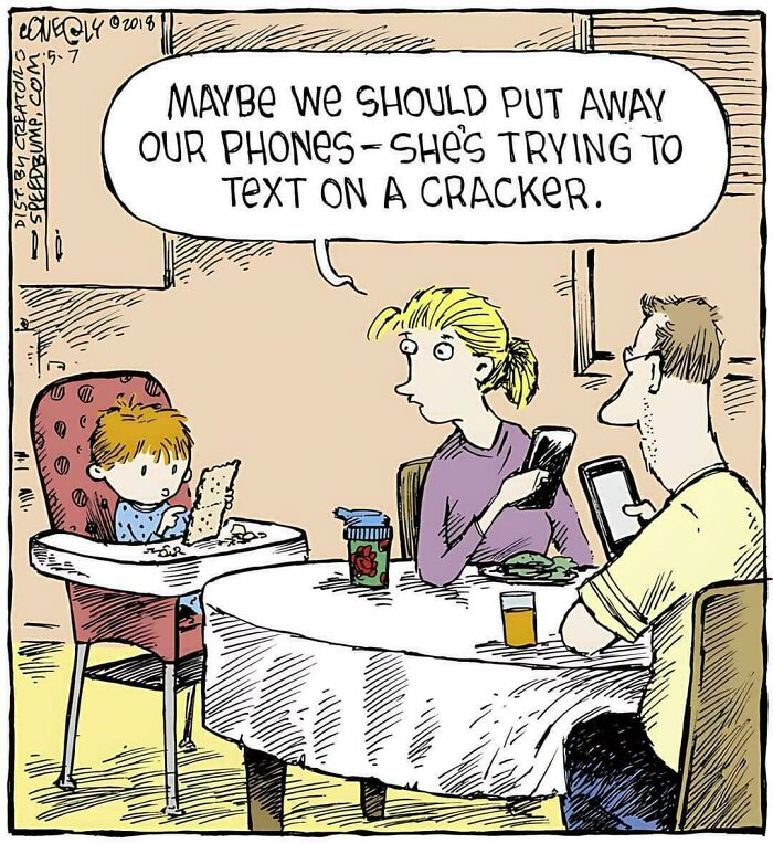 Family at a table with parents on phones and a child holding a cracker, highlighting cringy boomer internet humor.