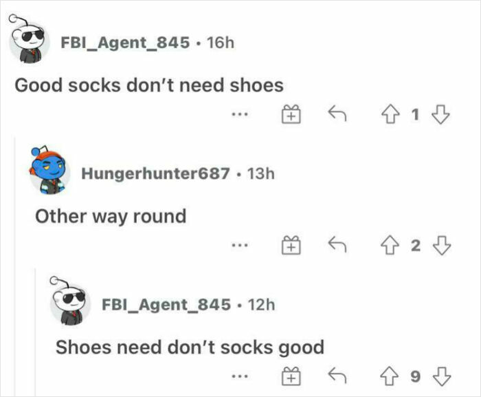 Reddit conversation with humorous internet responses about socks and shoes, showcasing witty comments and wordplay.