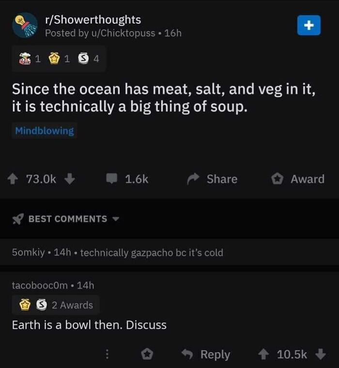 Reddit post from r/Showerthoughts joking that the ocean is a big soup, with popular internet responses reacting humorously.