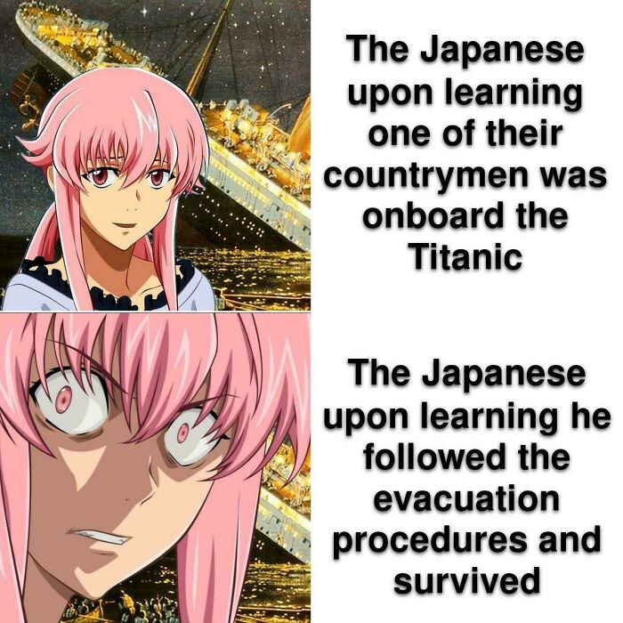 Anime character reacting to Titanic sinking, highlighting surprising history lesson memes about survival and evacuation procedures.