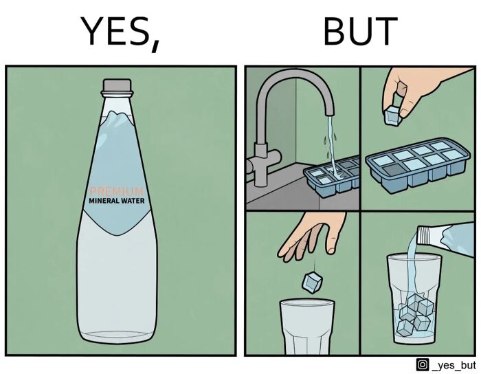 Comic by Anton Gudim showing premium mineral water contrasted with ice cubes being made from tap water and added to a glass.