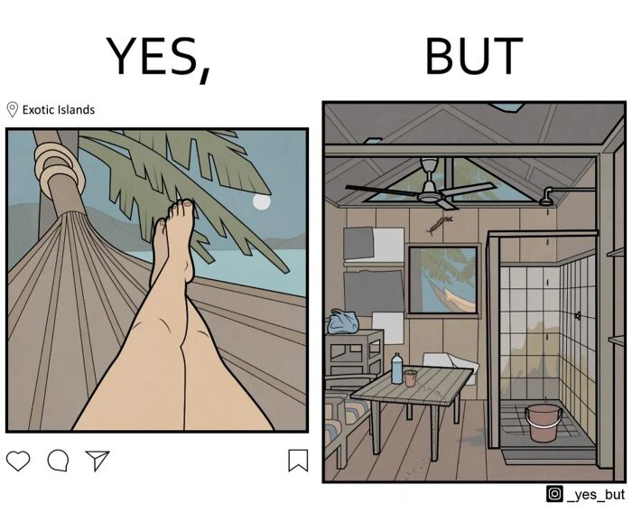 Yes But comic by Anton Gudim showing relaxing in a hammock on exotic islands versus a plain room interior.